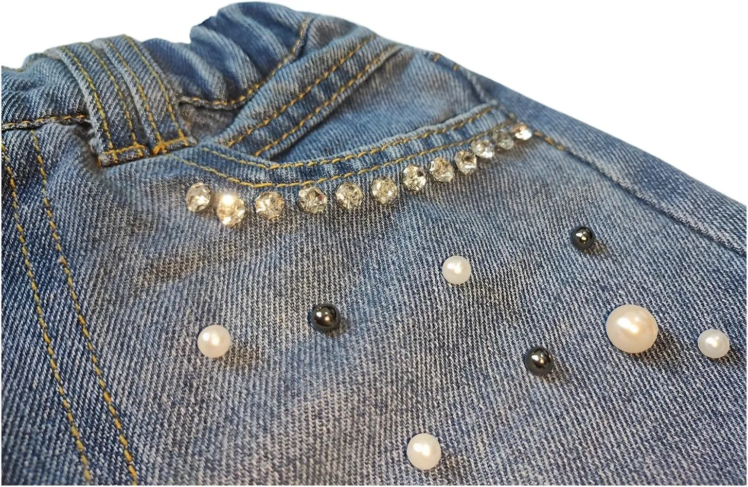 Toddler Girl Pearls Denim Shorts with Bling Rhinestones Frayed Raw Hem Jean Shorts Elastic Waist Short Pants
