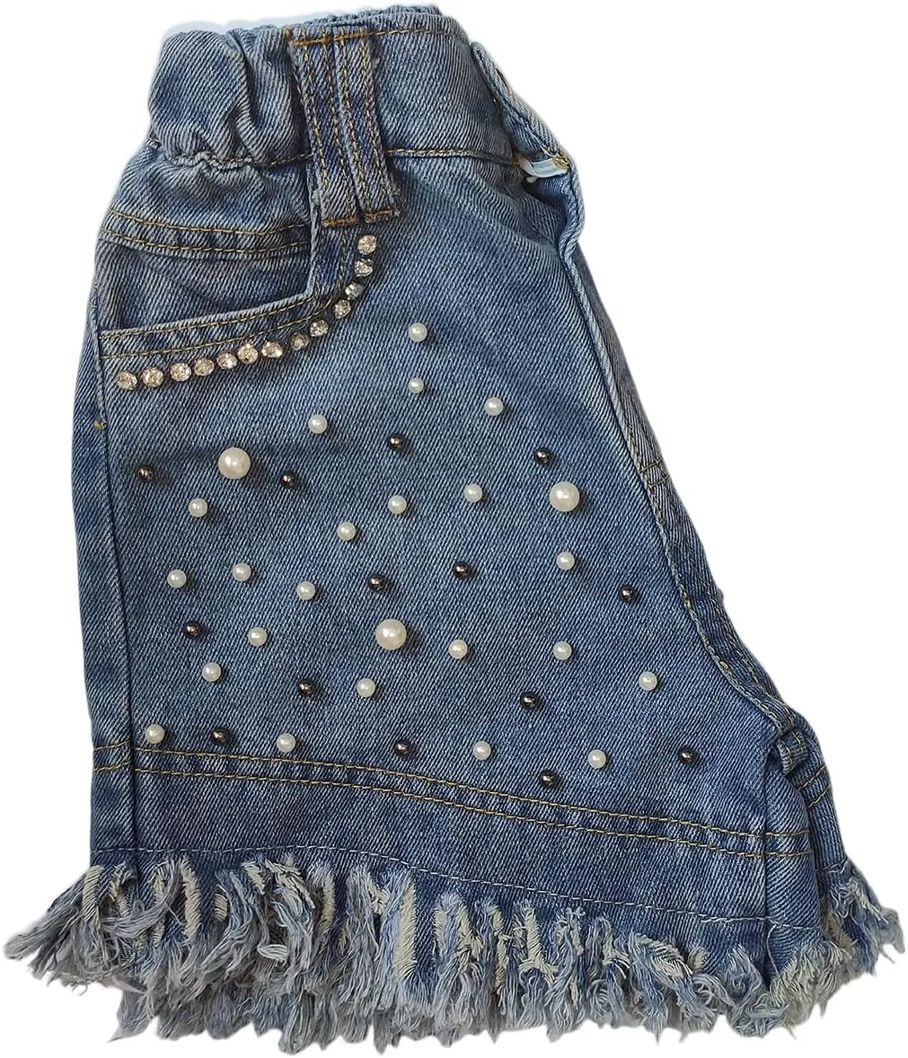 Toddler Girl Pearls Denim Shorts with Bling Rhinestones Frayed Raw Hem Jean Shorts Elastic Waist Short Pants