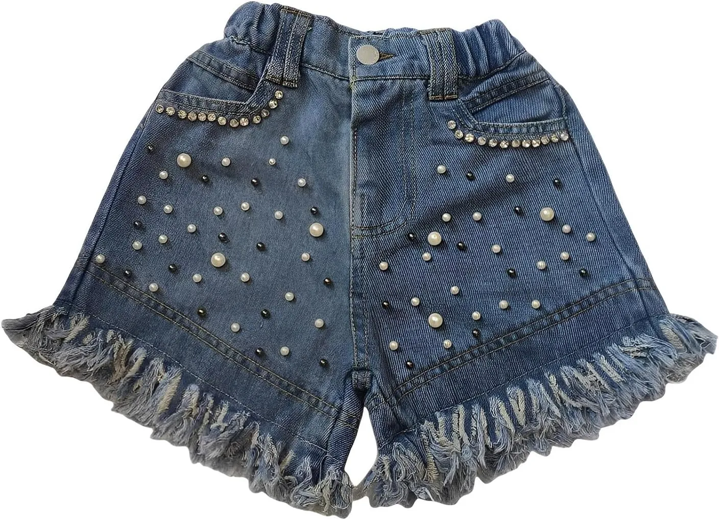 Toddler Girl Pearls Denim Shorts with Bling Rhinestones Frayed Raw Hem Jean Shorts Elastic Waist Short Pants