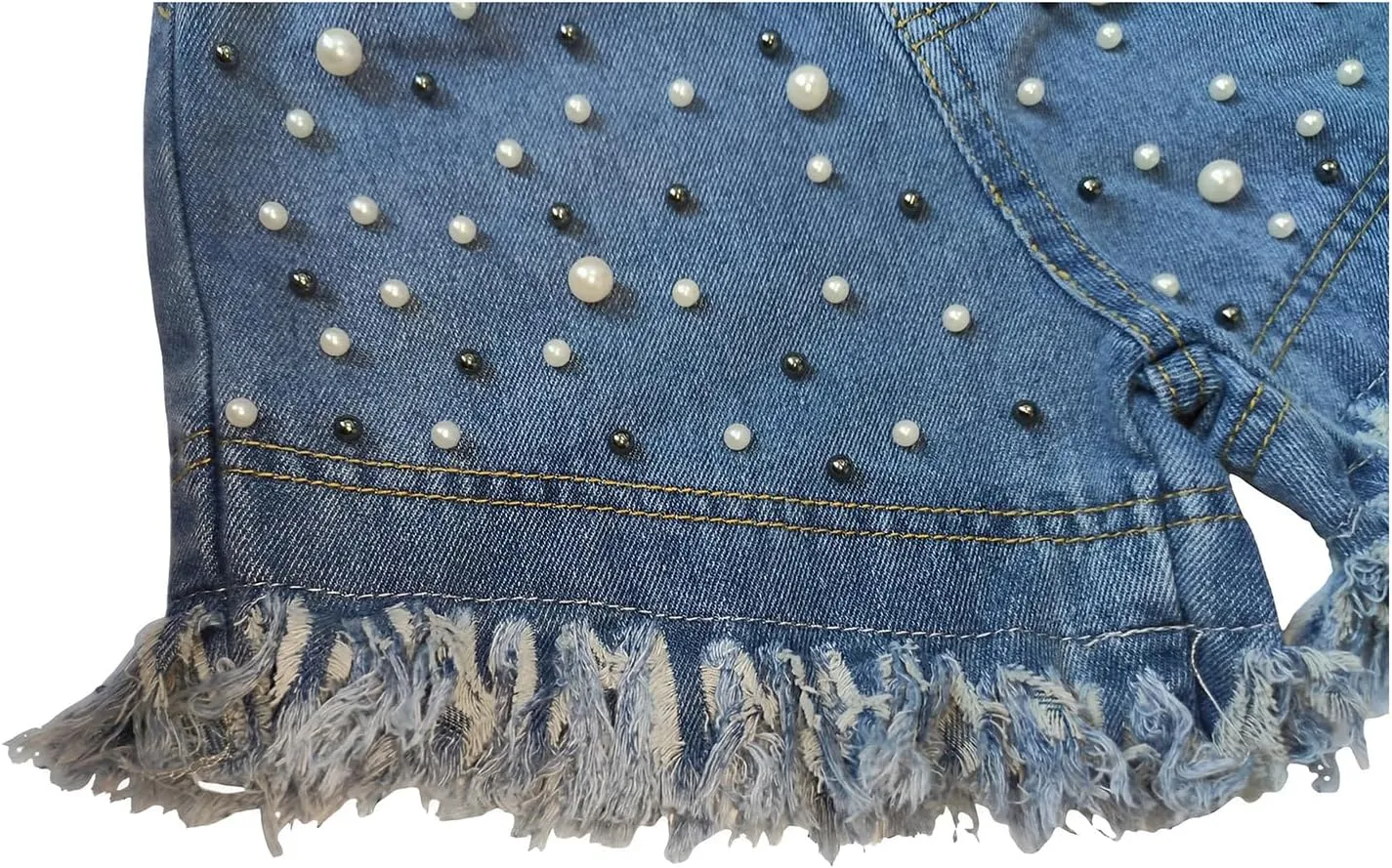 Toddler Girl Pearls Denim Shorts with Bling Rhinestones Frayed Raw Hem Jean Shorts Elastic Waist Short Pants