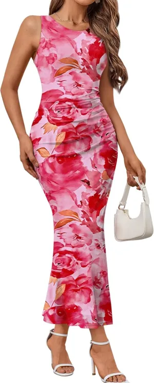 Trendy Queen Bodycon Maxi Dress Womens Sleeveless Floral Print Fitted Party Club Ruched Dresses with Side Slit
