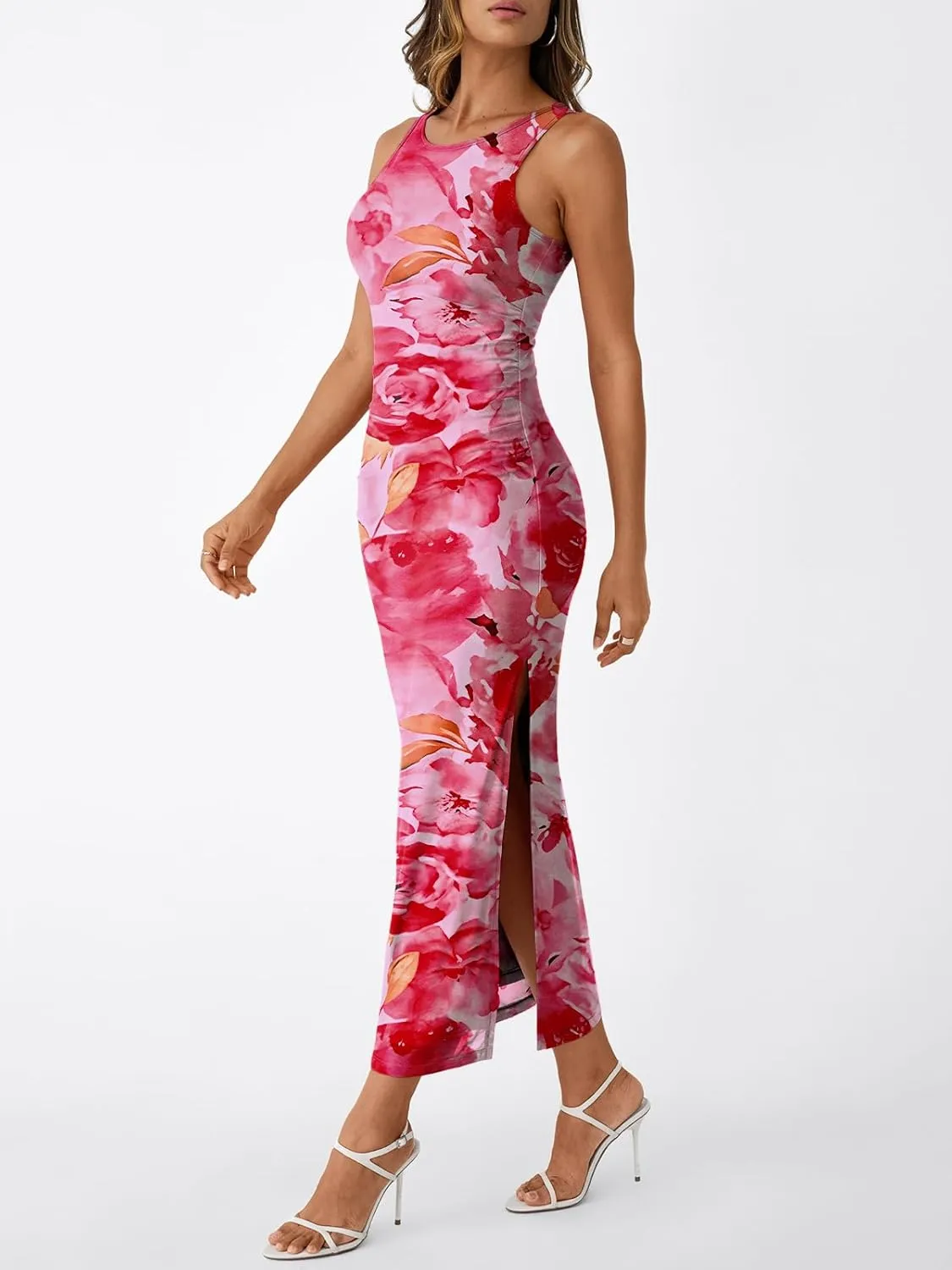 Trendy Queen Bodycon Maxi Dress Womens Sleeveless Floral Print Fitted Party Club Ruched Dresses with Side Slit