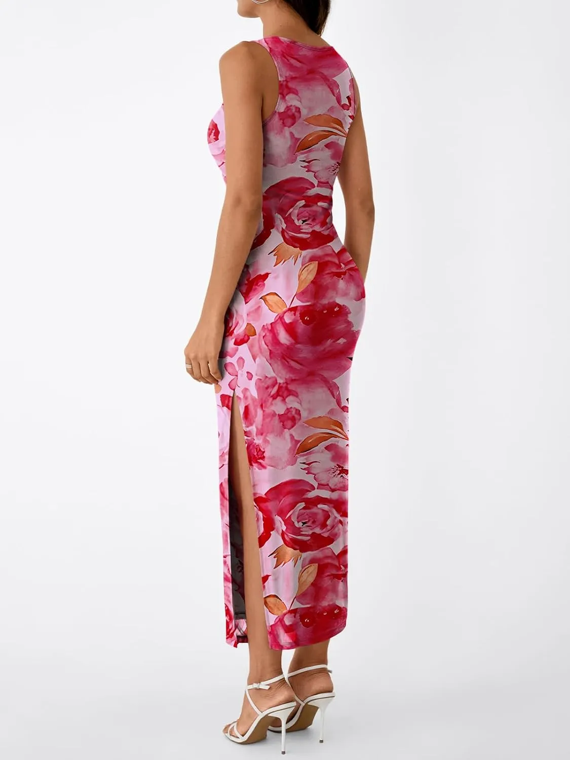 Trendy Queen Bodycon Maxi Dress Womens Sleeveless Floral Print Fitted Party Club Ruched Dresses with Side Slit
