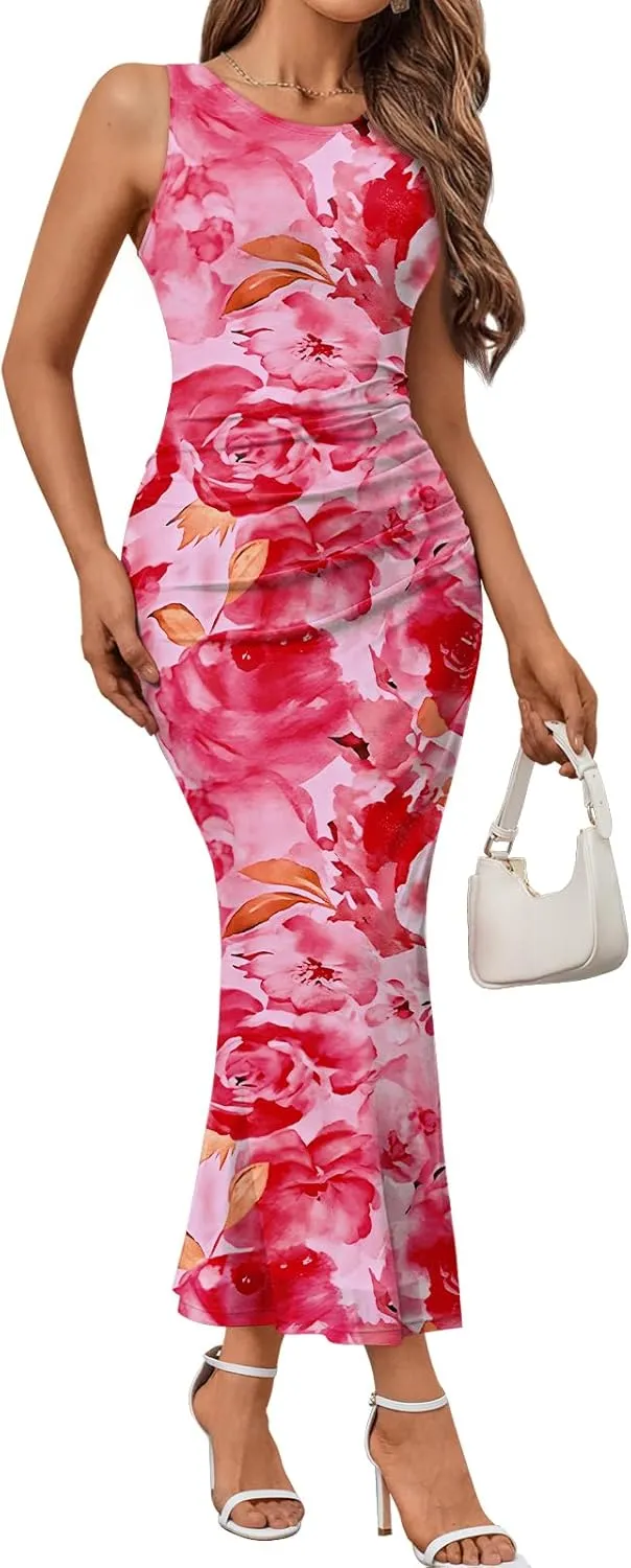 Trendy Queen Bodycon Maxi Dress Womens Sleeveless Floral Print Fitted Party Club Ruched Dresses with Side Slit