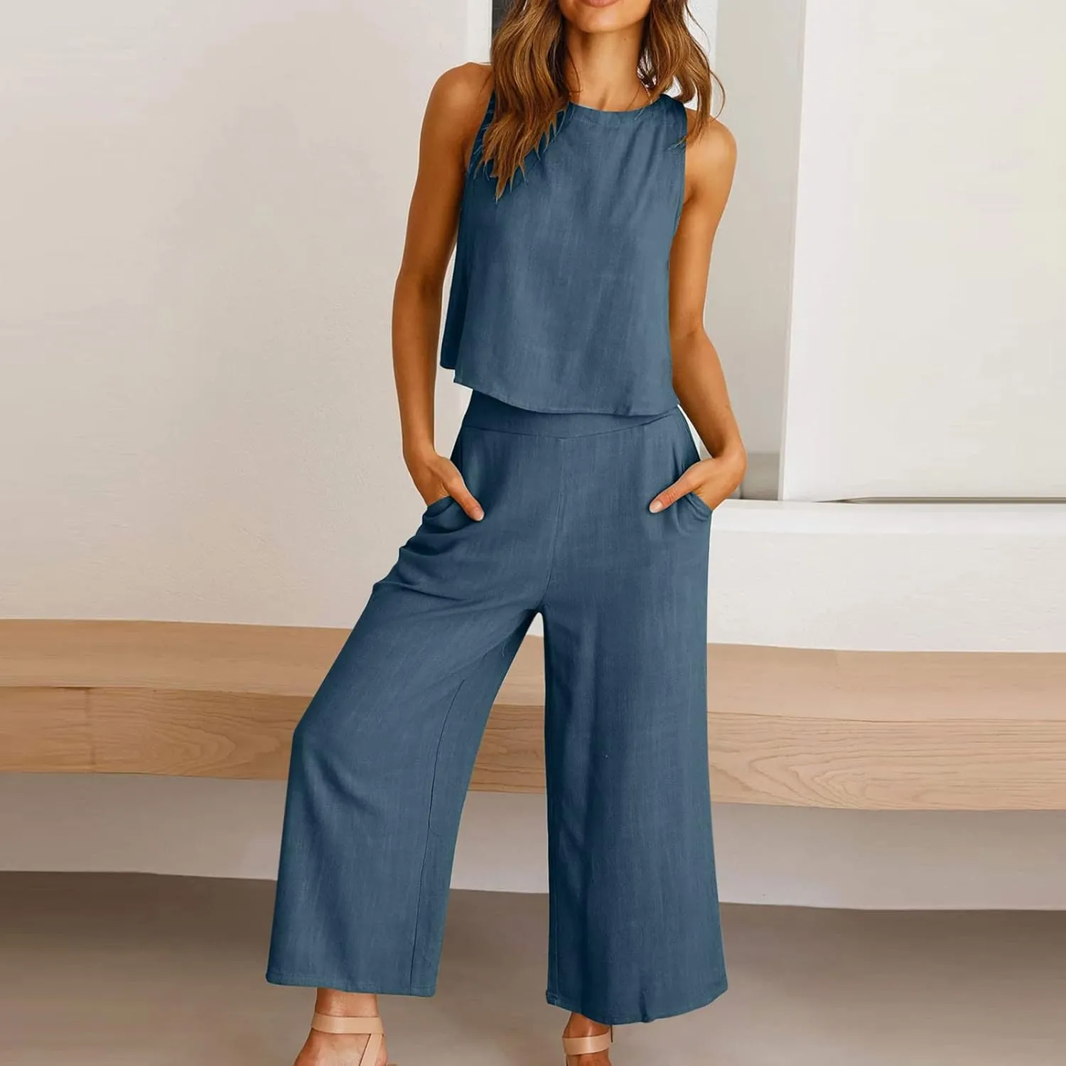 Two Piece Sets for Women Summer Vacation Outfits Sleeveless Crop Top Wide Leg Pants Lounge Beach Travel Clothing