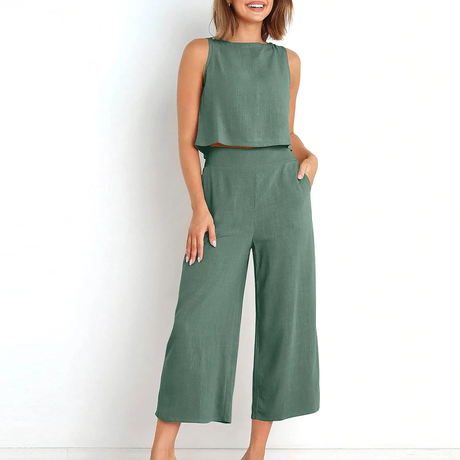 Two Piece Sets for Women Summer Vacation Outfits Sleeveless Crop Top Wide Leg Pants Lounge Beach Travel Clothing