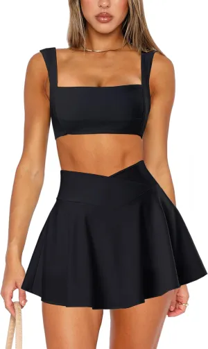 Two Piece Tennis Skirt Sets for Women 2 Piece Mini Skirt Set Going Out Golf Skort Athletic Skirt Pickleball Outfit