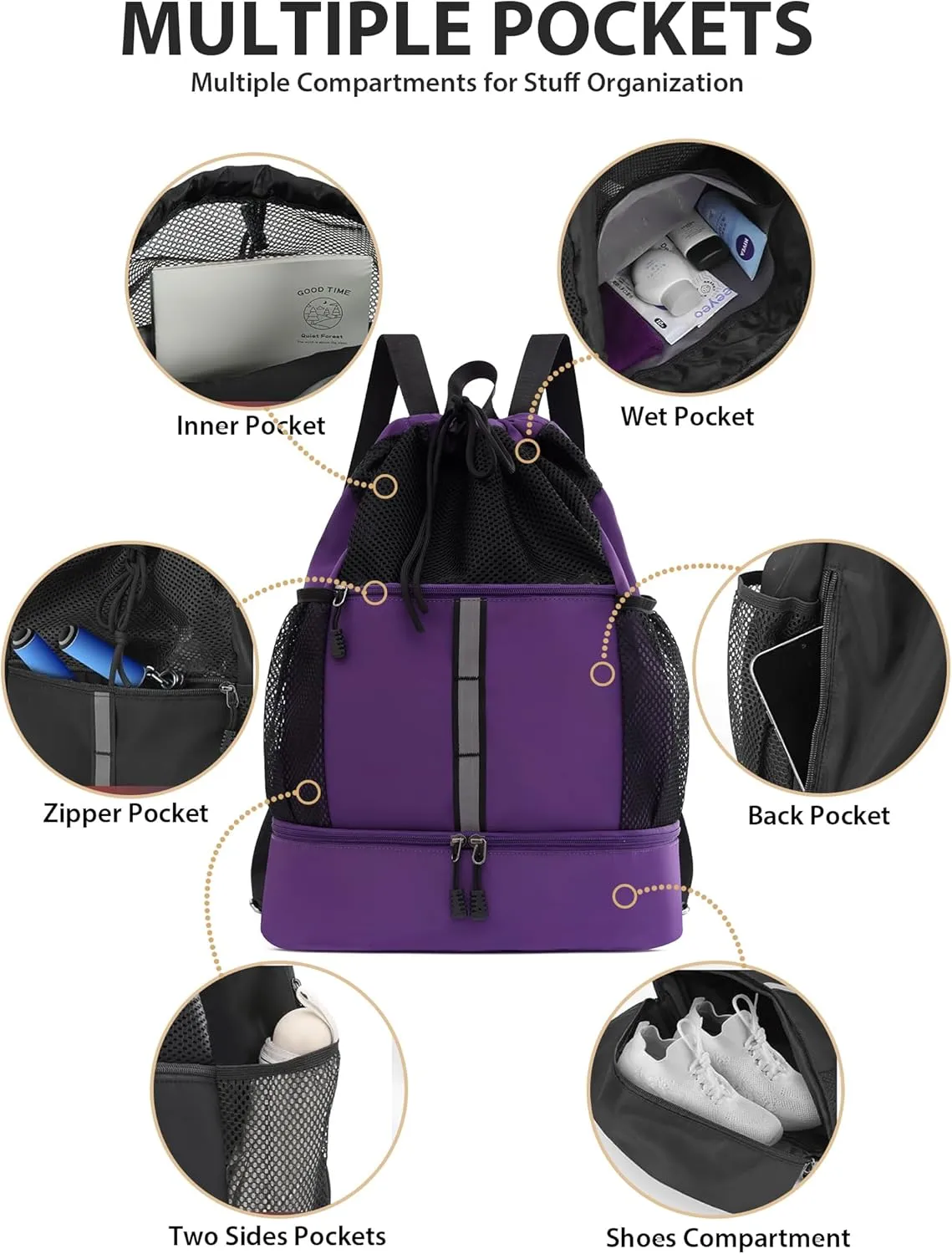 U.helper Waterproof Gym Drawstring Backpack, Sports Sack with Shoes Compartment & Wet Pockets for Ball/Beach/Swim Training (Purple)