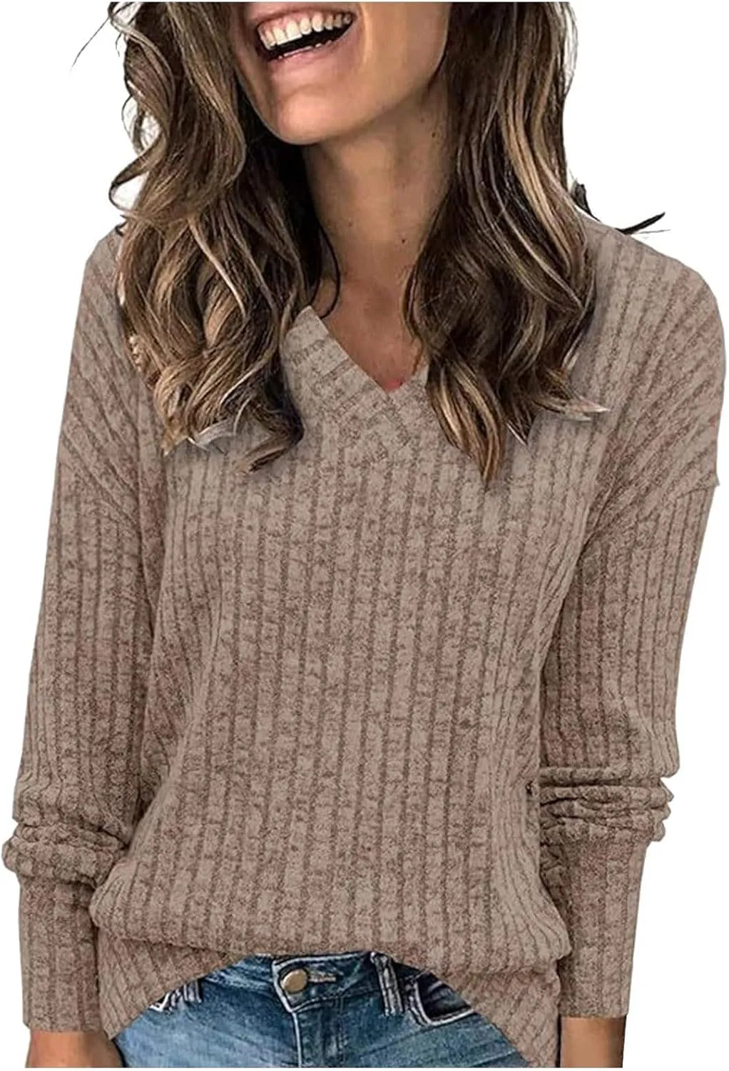 V Neck Long Sleeve Knitted Shirts for Women Casual Spring Fall Tops Lightweight Tunic Sweaters Fashion Clothes 2024
