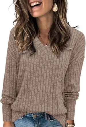 V Neck Long Sleeve Knitted Shirts for Women Casual Spring Fall Tops Lightweight Tunic Sweaters Fashion Clothes 2024