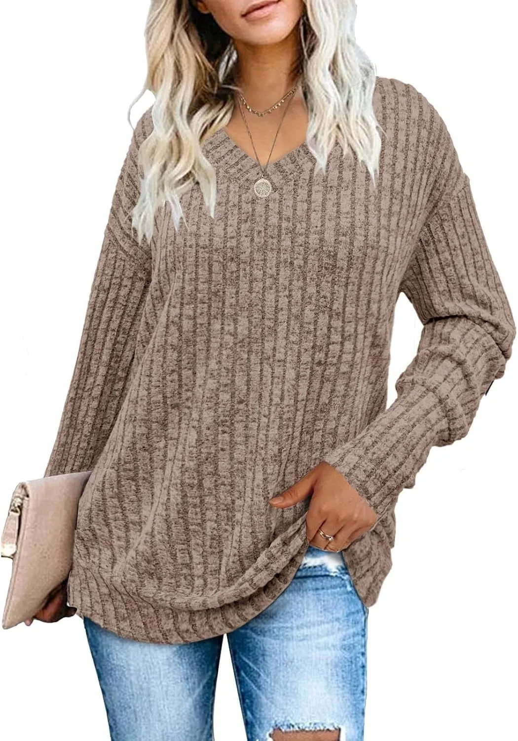 V Neck Long Sleeve Knitted Shirts for Women Casual Spring Fall Tops Lightweight Tunic Sweaters Fashion Clothes 2024