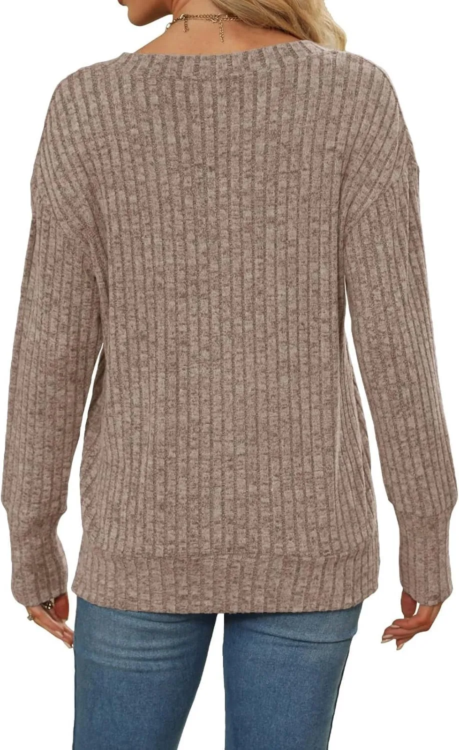 V Neck Long Sleeve Knitted Shirts for Women Casual Spring Fall Tops Lightweight Tunic Sweaters Fashion Clothes 2024