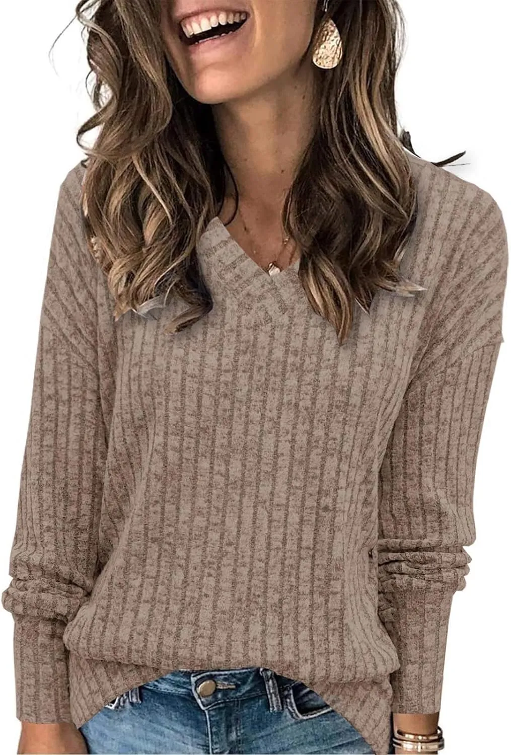 V Neck Long Sleeve Knitted Shirts for Women Casual Spring Fall Tops Lightweight Tunic Sweaters Fashion Clothes 2024