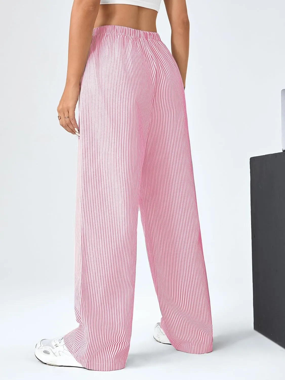 Verdusa Stiped High Waist Pants for Women Loose Lounge Straight Leg Trousers with Pocket