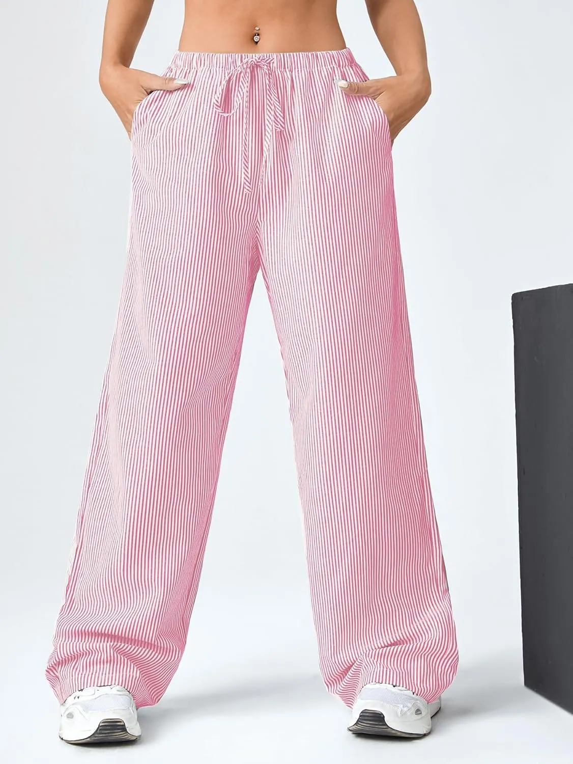 Verdusa Stiped High Waist Pants for Women Loose Lounge Straight Leg Trousers with Pocket