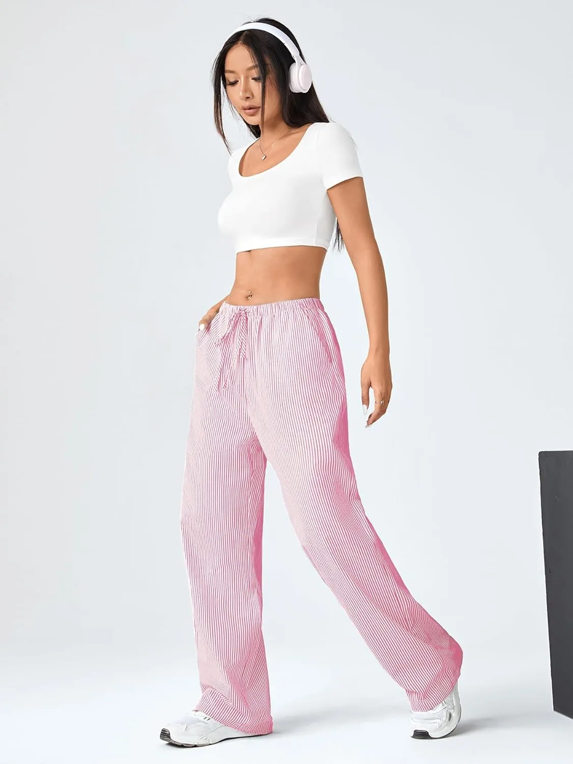Verdusa Stiped High Waist Pants for Women Loose Lounge Straight Leg Trousers with Pocket