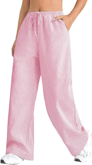 Verdusa Stiped High Waist Pants for Women Loose Lounge Straight Leg Trousers with Pocket