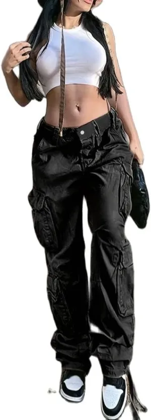 Vintage Cargo Pants Baggy Jeans Women Fashion 90s Streetwear Pockets Wide Leg High Waist Straight Y2k Denim Trousers Overalls