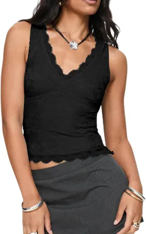 VNIRA Womens Lace Tank Top Scallop Sexy V-Neck Sleeveless Going Out Y2K Crop Tops 2025 Trendy Outfits