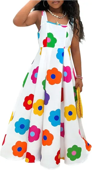 WDIRARA Girl's Floral Print Sleeveless Tank Dress Square Neck Swing A Line Maxi Dress