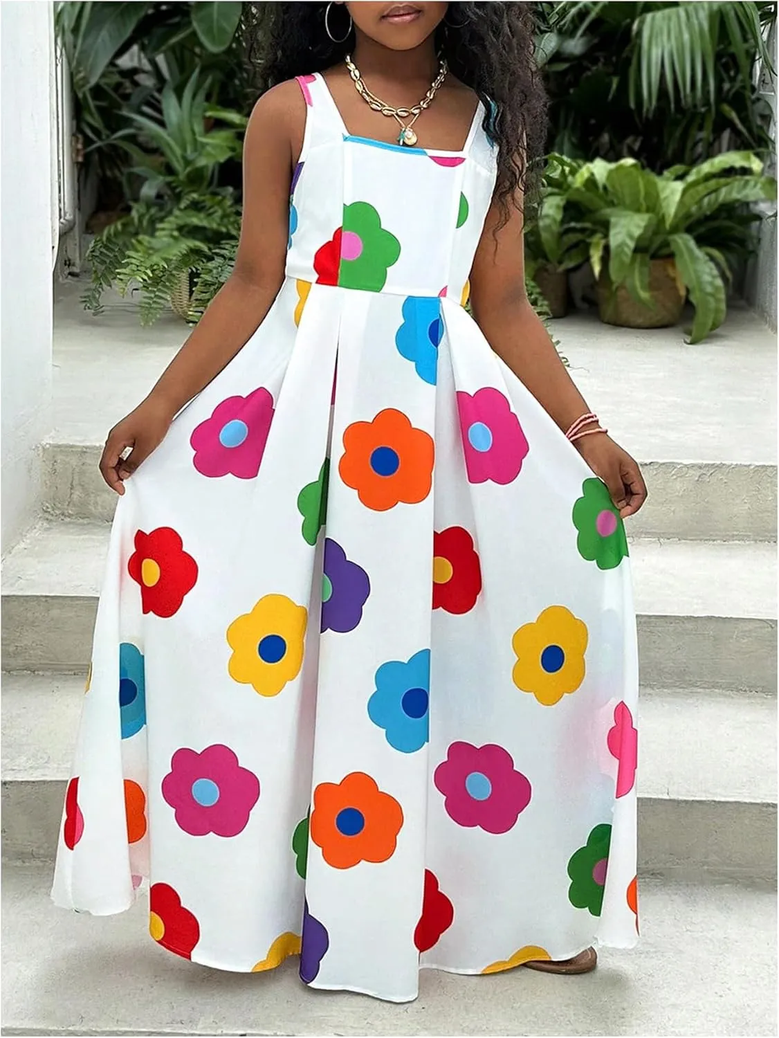 WDIRARA Girl's Floral Print Sleeveless Tank Dress Square Neck Swing A Line Maxi Dress