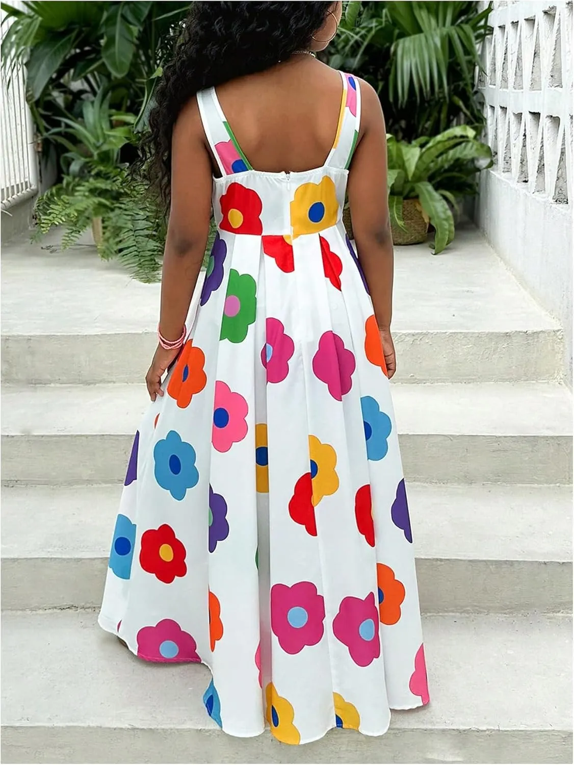 WDIRARA Girl's Floral Print Sleeveless Tank Dress Square Neck Swing A Line Maxi Dress