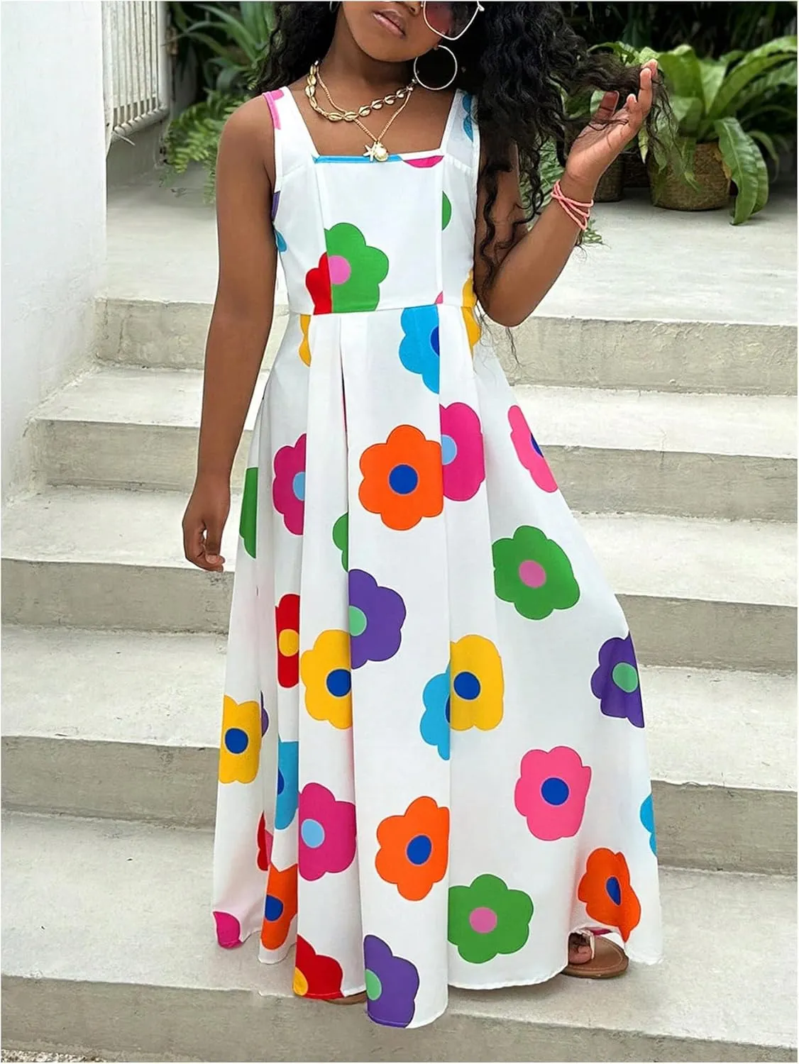 WDIRARA Girl's Floral Print Sleeveless Tank Dress Square Neck Swing A Line Maxi Dress