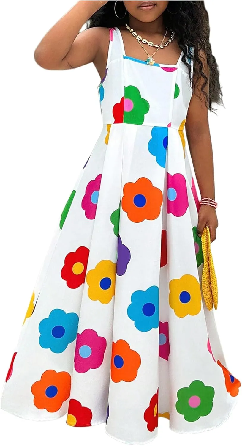 WDIRARA Girl's Floral Print Sleeveless Tank Dress Square Neck Swing A Line Maxi Dress