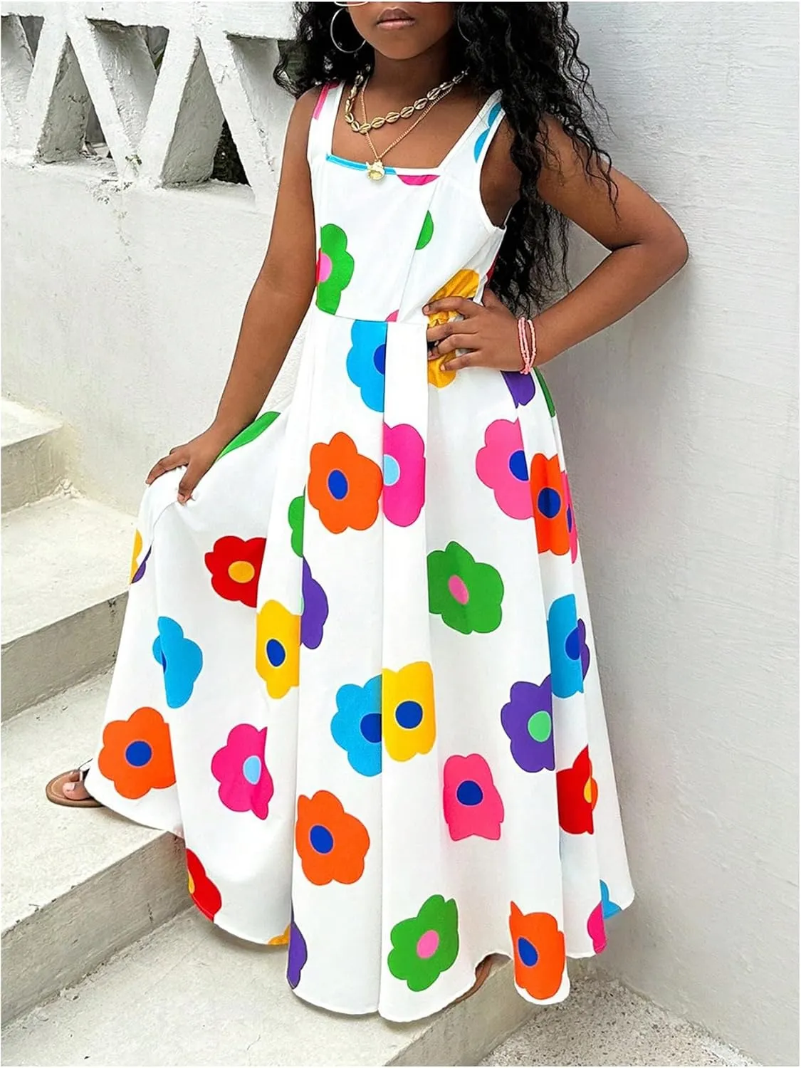 WDIRARA Girl's Floral Print Sleeveless Tank Dress Square Neck Swing A Line Maxi Dress