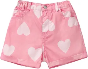 WDIRARA Girl's Heart Pattern High Waisted Straight Leg Denim Shorts with Pockets