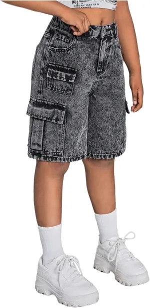 WDIRARA Girl's High Waisted Denim Bermuda Cargo Shorts Straight Leg Flap Pocket Jean Shorts