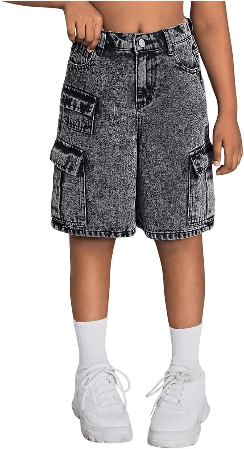 WDIRARA Girl's High Waisted Denim Bermuda Cargo Shorts Straight Leg Flap Pocket Jean Shorts