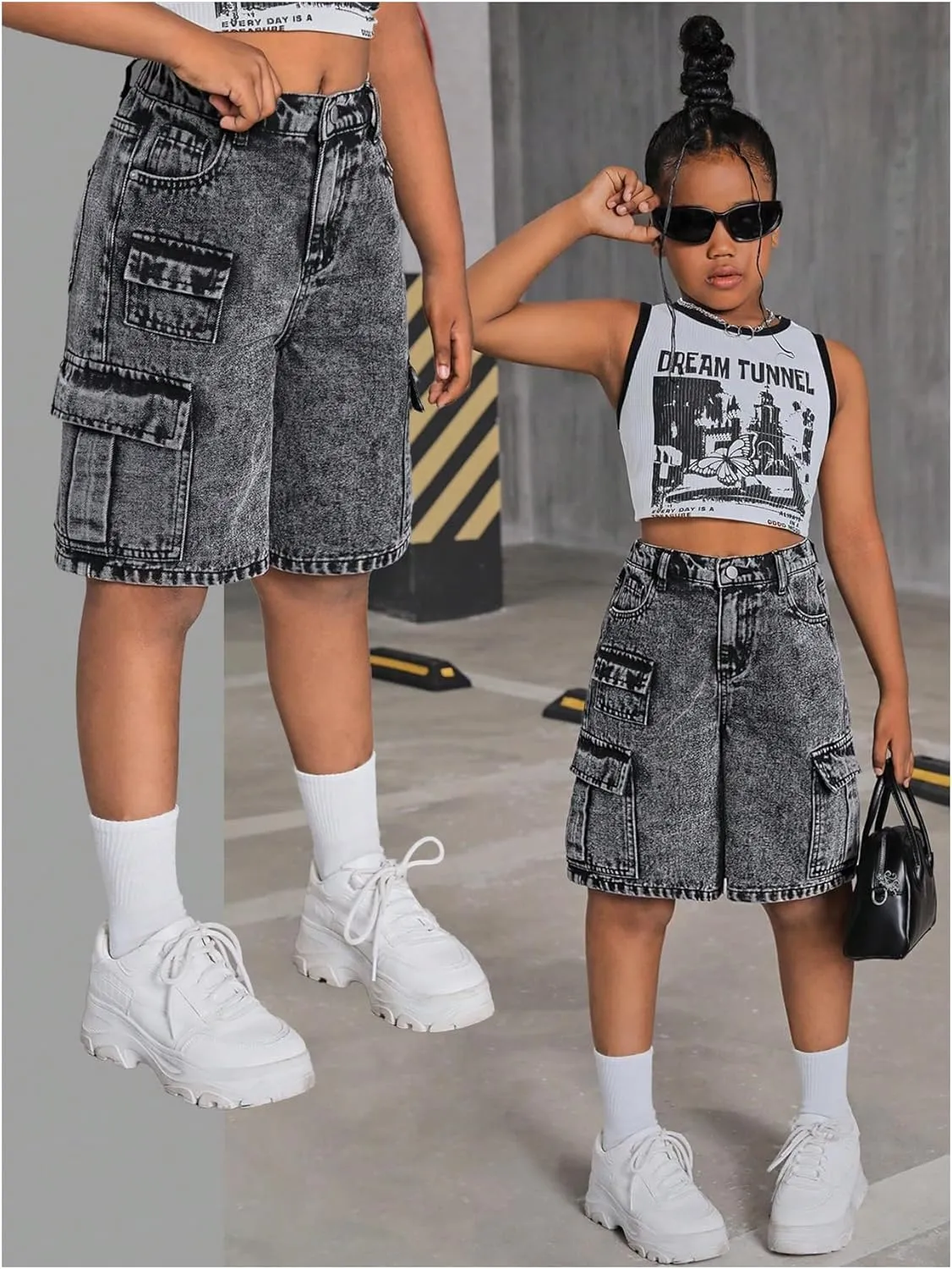 WDIRARA Girl's High Waisted Denim Bermuda Cargo Shorts Straight Leg Flap Pocket Jean Shorts