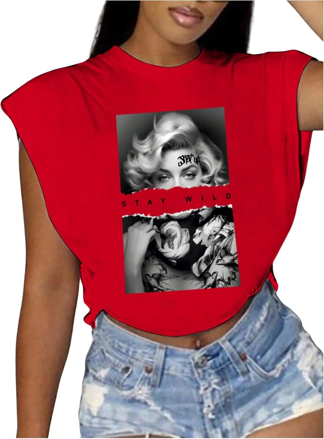 WDIRARA Women's Graphic Print Cap Sleeve Crop Top Crewneck Short Sleeve Tee Y2k T Shirt