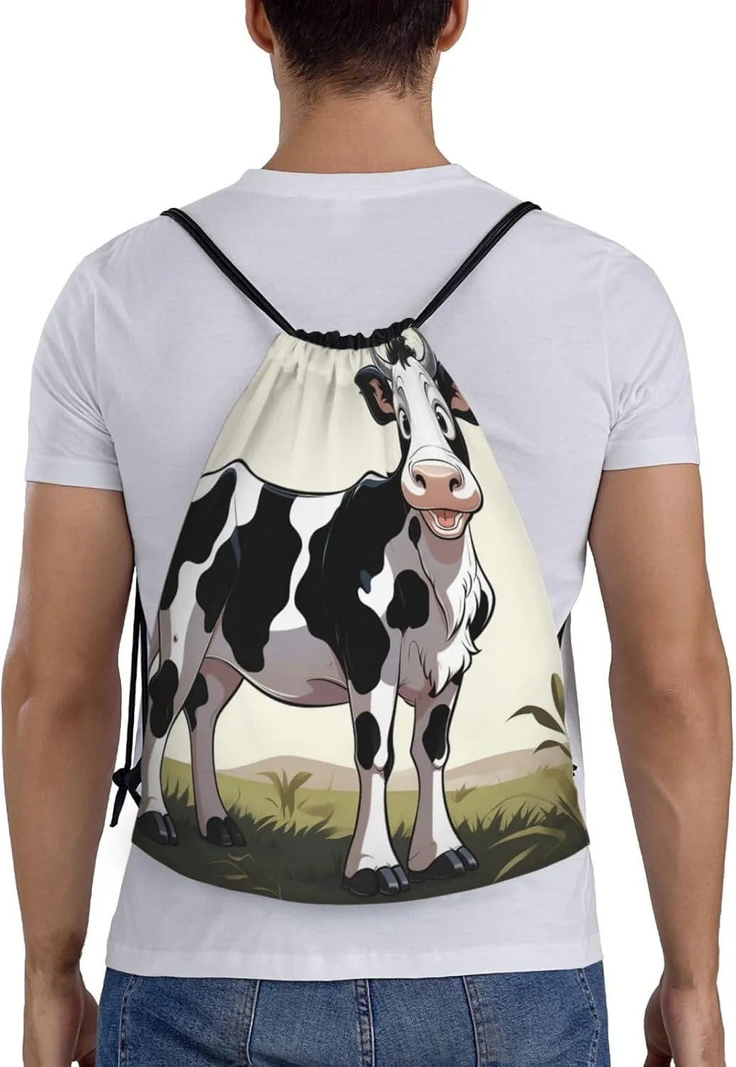 white and black cow Drawstring Backpack for Men Women Sports Sackpack Waterproof Gym Sack Draw String Cinch Bags Medium