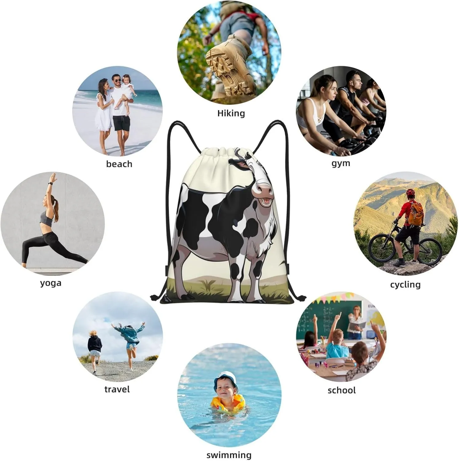 white and black cow Drawstring Backpack for Men Women Sports Sackpack Waterproof Gym Sack Draw String Cinch Bags Medium