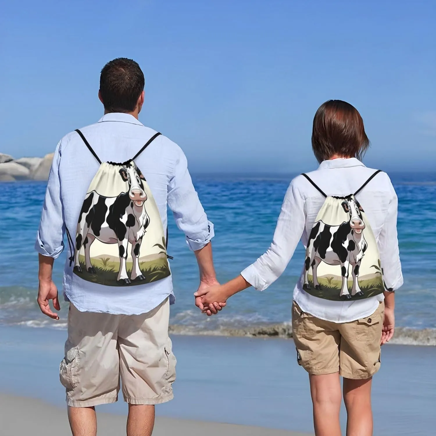 white and black cow Drawstring Backpack for Men Women Sports Sackpack Waterproof Gym Sack Draw String Cinch Bags Medium