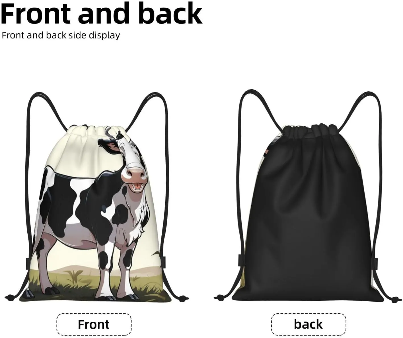 white and black cow Drawstring Backpack for Men Women Sports Sackpack Waterproof Gym Sack Draw String Cinch Bags Medium