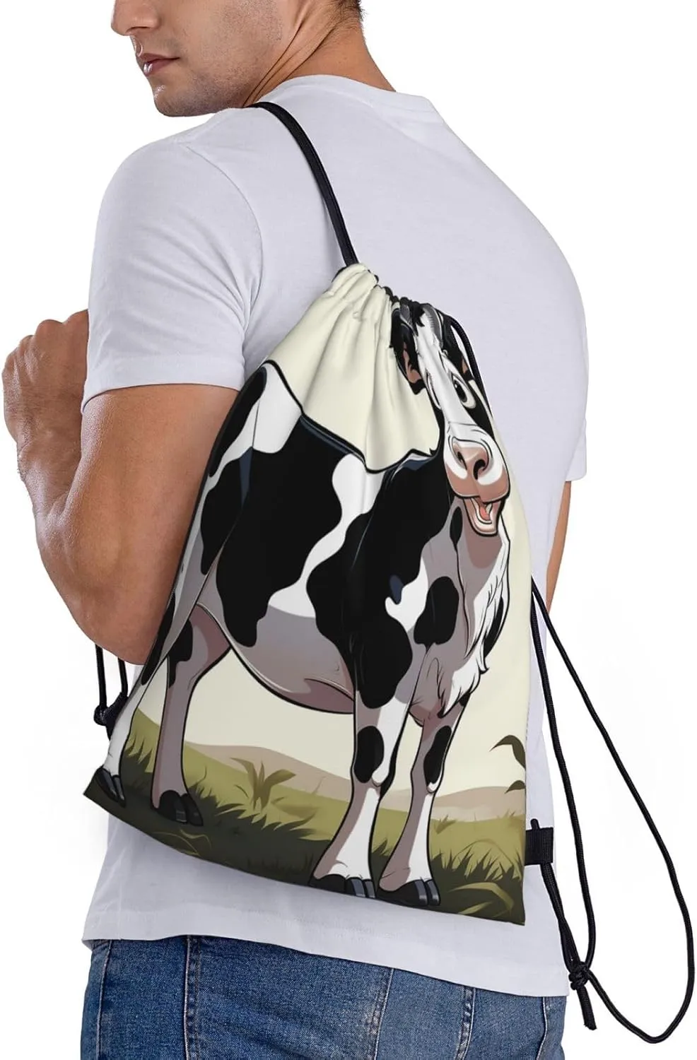 white and black cow Drawstring Backpack for Men Women Sports Sackpack Waterproof Gym Sack Draw String Cinch Bags Medium
