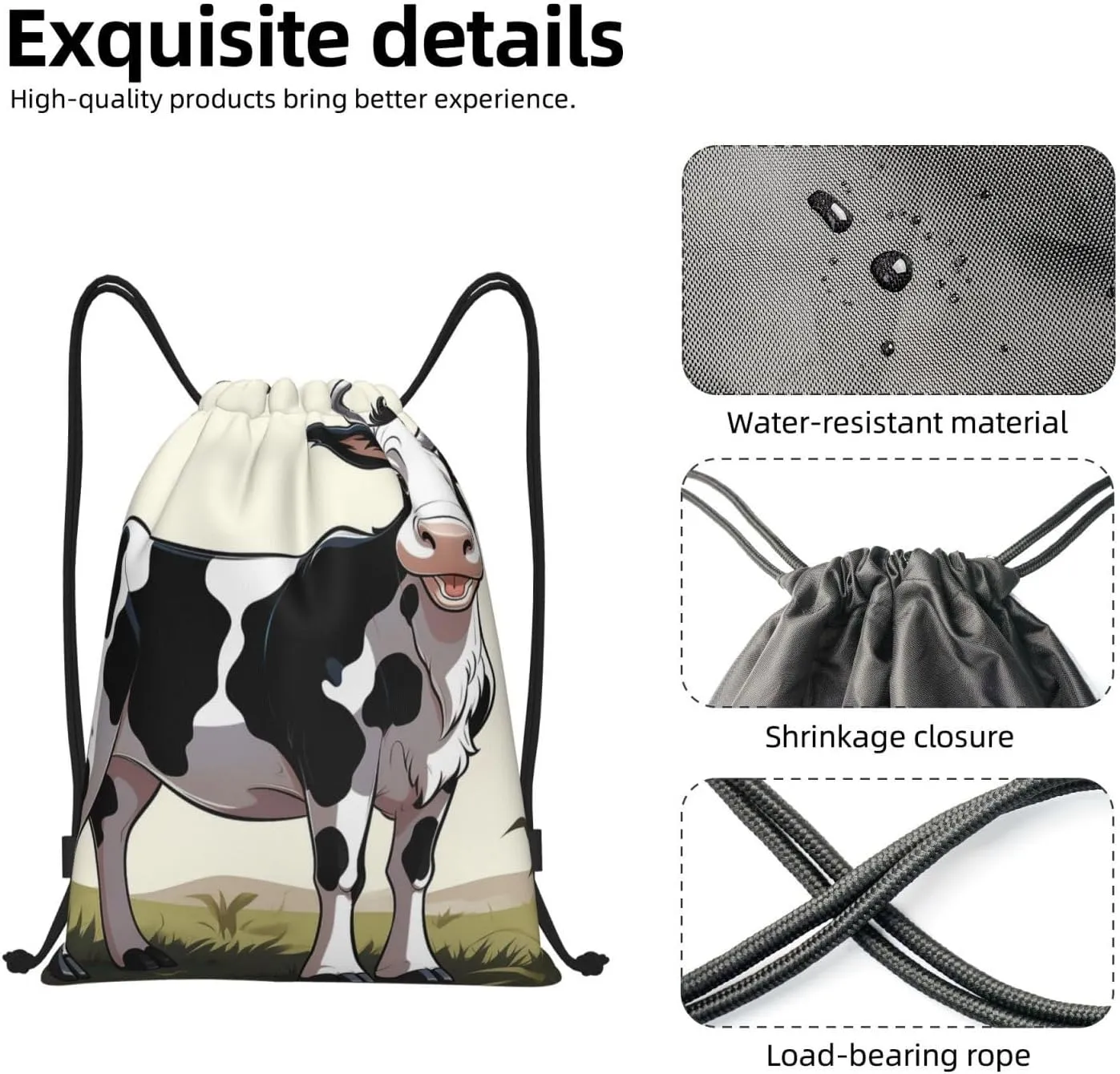 white and black cow Drawstring Backpack for Men Women Sports Sackpack Waterproof Gym Sack Draw String Cinch Bags Medium