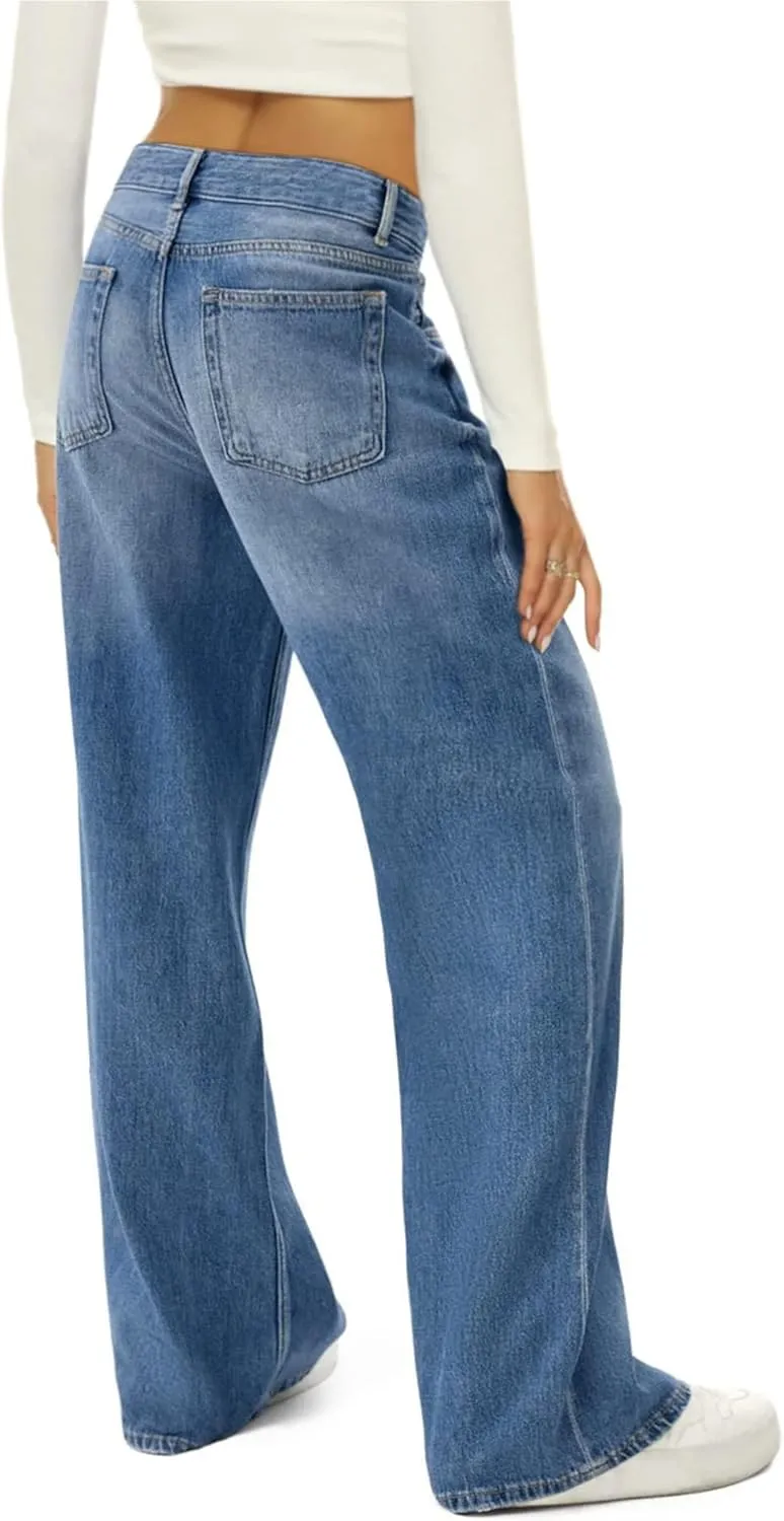 Wide Leg Jeans for Women High Waisted Straight Stretch Casual Fashion Loose Denim Pants with Pockets