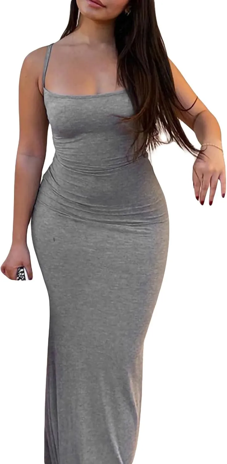 Women Bodycon Maxi Dress Sexy Spaghetti Strap Low Cut Long Tight Dress Slim Fit Party Club Night Cami Long Dresses