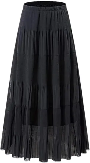 Women Casual A Line Skirt High Waisted Elastic Waistband Tiered Ruched Long Breathable Summer Skirts