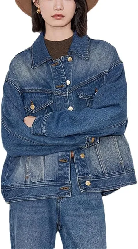 Women Denim Jacket Autumn Washed Turn Down Collar Single Breasted Button Casual Jacket Coat
