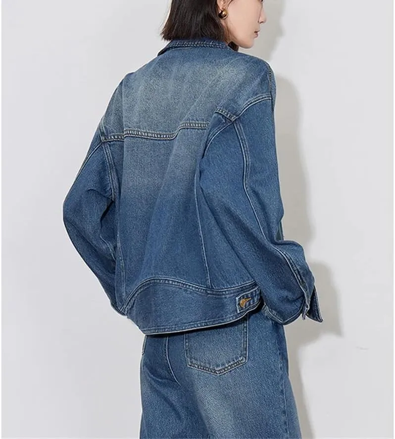 Women Denim Jacket Autumn Washed Turn Down Collar Single Breasted Button Casual Jacket Coat