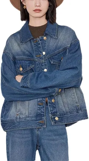 Women Denim Jacket Autumn Washed Turn Down Collar Single Breasted Button Casual Jacket Coat