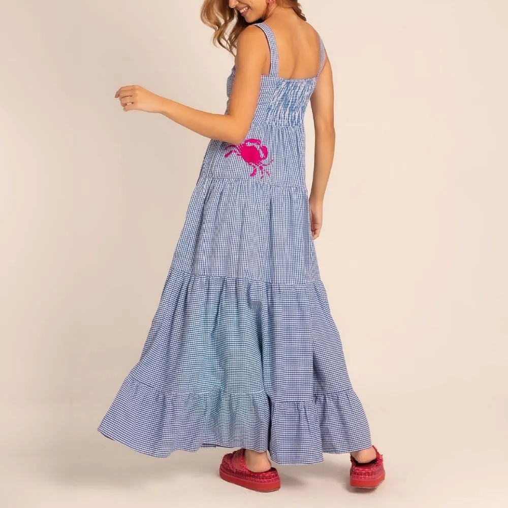 Women Embroidered Maxi Dress Sleeveless Smocked Flowy Sundress Boho Summer Long Dresses Beach Vocation