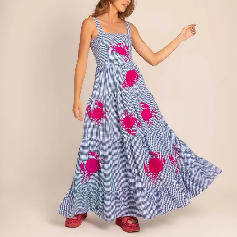 Women Embroidered Maxi Dress Sleeveless Smocked Flowy Sundress Boho Summer Long Dresses Beach Vocation