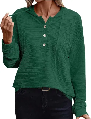 Women Fall Long Sleeve Casual Button V Neck Hoodies Oversized Sweatshirt Hooded Durable Breathable Basic Pullover