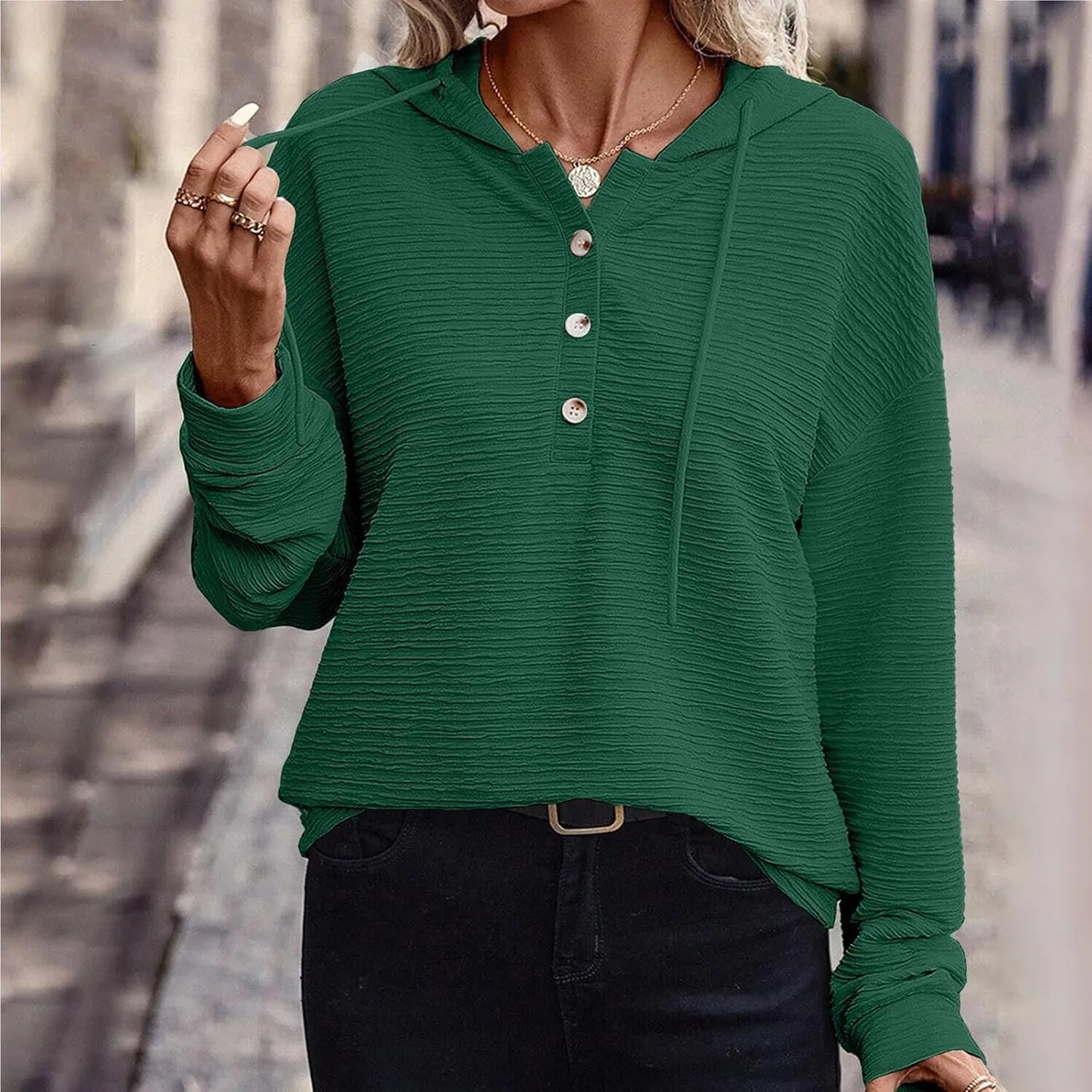 Women Fall Long Sleeve Casual Button V Neck Hoodies Oversized Sweatshirt Hooded Durable Breathable Basic Pullover
